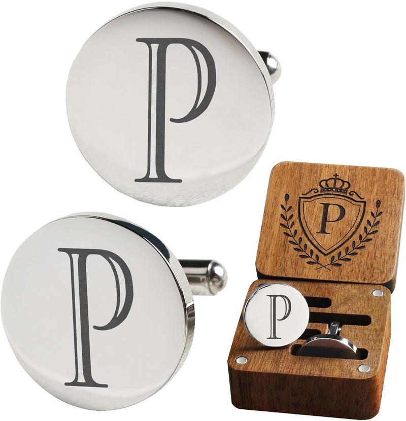 SeemDanten Mens Classic Initial Cuff links A-Z Alphabet 26 Letters Stainless Steel Silver CuffLinks with Engraved Walnut Wood Gift Box Business Wedding Set - Image 1